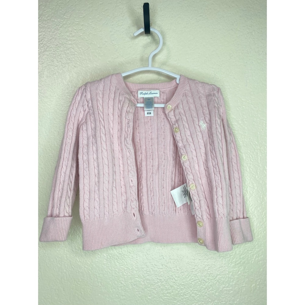 Ralph Lauren Baby Girls Pink Cable Knit Cardigan Sweater 18M Embroidered Pony